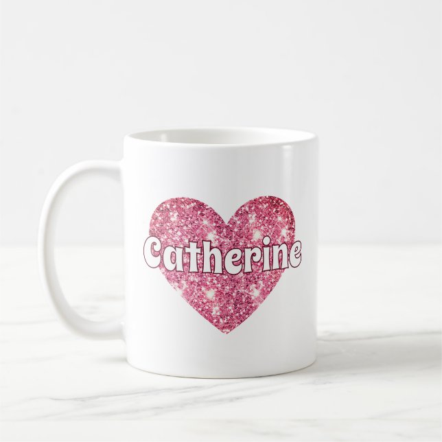 Taza De Café Corazón de purpurina rosa Glam Girly con nombre  (Izquierda)