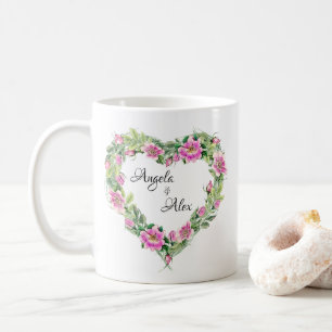 Taza De Café Corazón de rosa rosa acuarela borde novia y novio