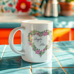 Taza De Café Corazón de rosa rosa acuarela borde novia y novio