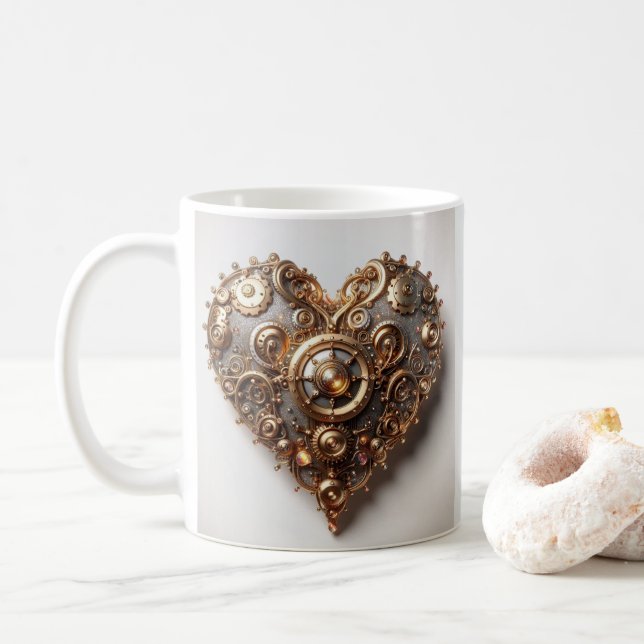 Taza De Café Corazón del engranaje del reloj elegante Steampunk (Con donut)