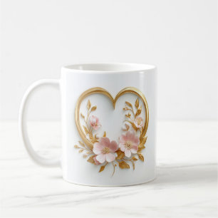 Taza De Café Corazón Dorado Y Flores Rosa Delicadas