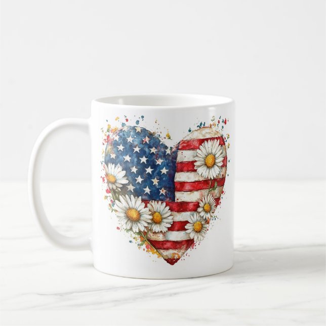 Taza De Café Corazón floral Mugre de bandera estadounidense (Izquierda)