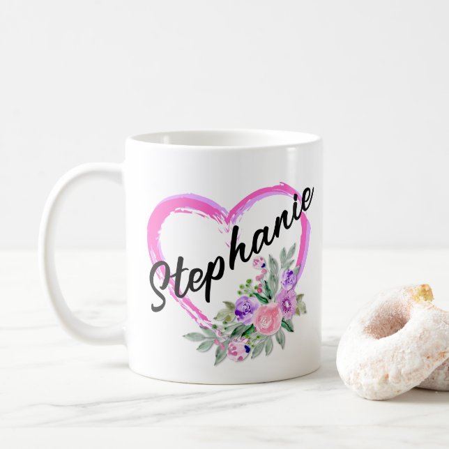 Taza De Café Corazón floral personalizado (Con donut)