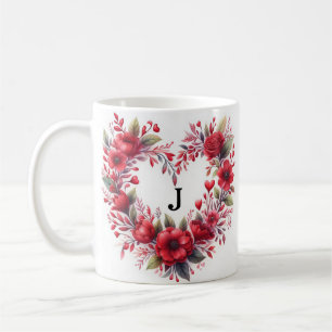 Taza De Café Corazón Floral Rojo Acuarela Elegante 