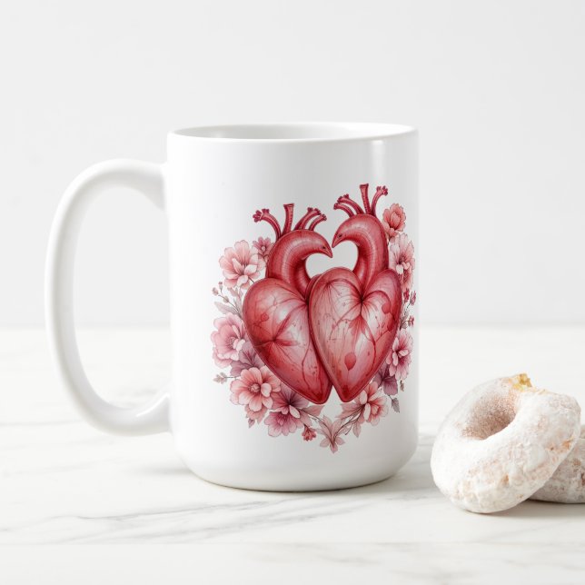 Taza De Café Corazón floral romántico San Valentín (Con donut)