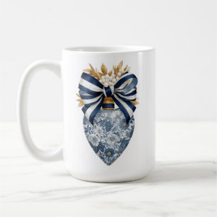 Taza De Café Corazón Floral Toile Azul Lazo de Raya de Marina
