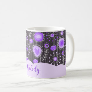 Taza De Café Corazón gris púrpura caprichoso y nombre floral fl