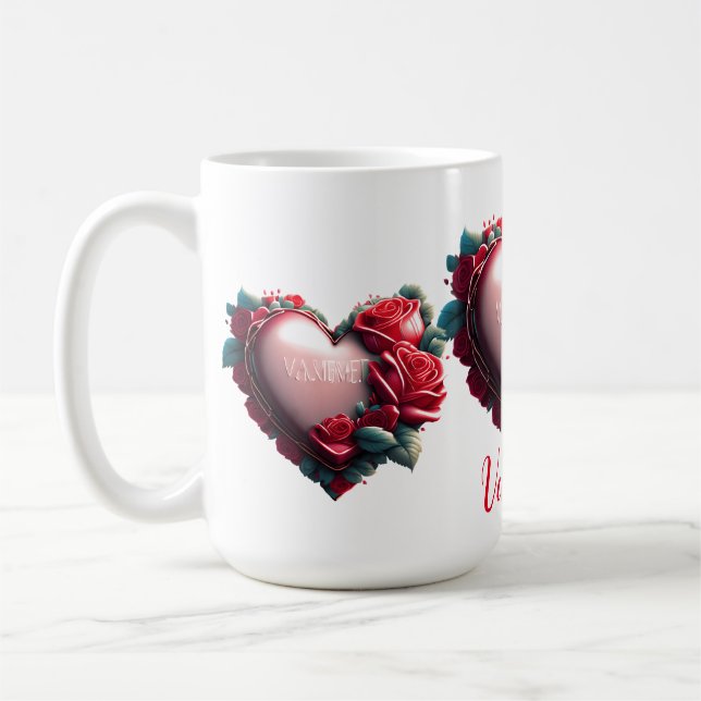 Taza De Café Corazón moderno con rosas rojas es mi valentina (Izquierda)