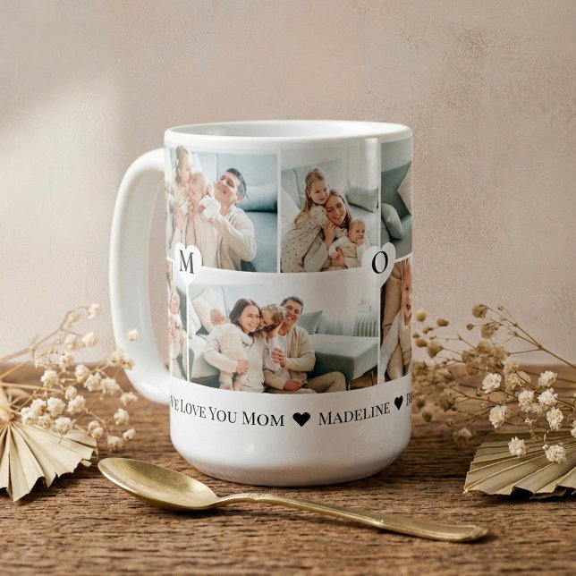 Taza De Café Corazón personalizado Te Amamos Mamá Collage de Fo (Personalized We Love You Mom Heart Photo Collage Coffee Mug)