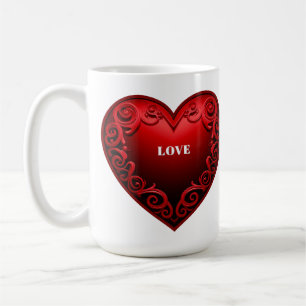 Taza De Café Corazón Rojo Con Borde De Remolino Ornamentado 