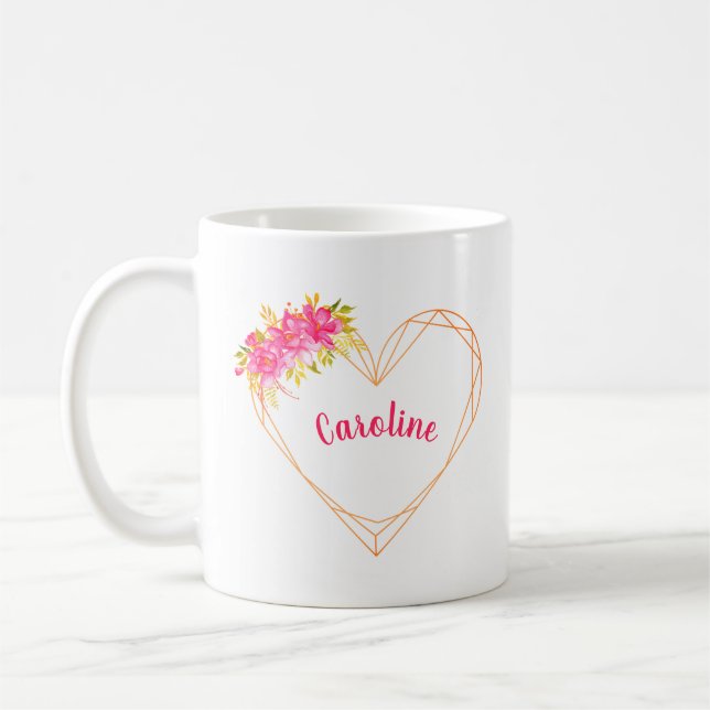 Taza De Café Corazón y flores personalizadas Mug romántica (Izquierda)