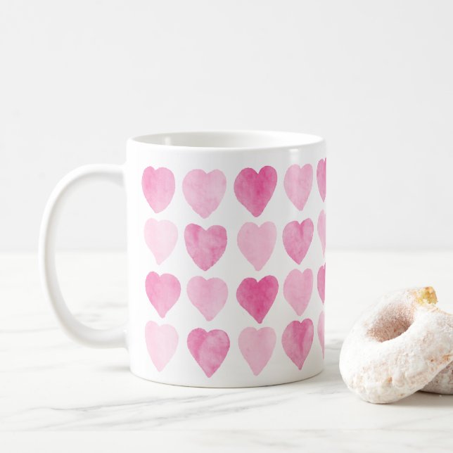 Taza De Café Corazones de acuarela rosada (Con donut)