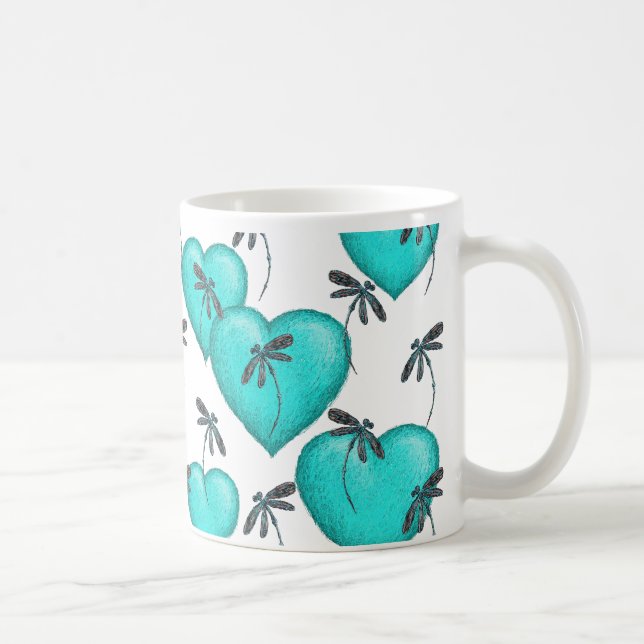 Taza De Café Corazones de amor y libélulas turquesa (Derecha)