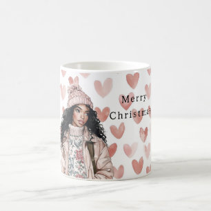 Taza De Café Corazones de Navidad rosados románticos chica negr