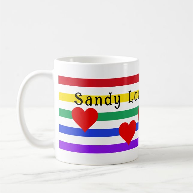 Taza De Café Corazones de rayas arcoiris Personalizar de nombre (Izquierda)