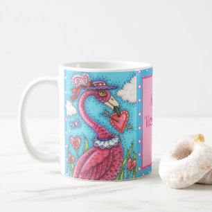 TAZA DE CAFÉ CORAZONES DE VÁLVULA DE FLAMINGO ROSA, AVES DE AMO