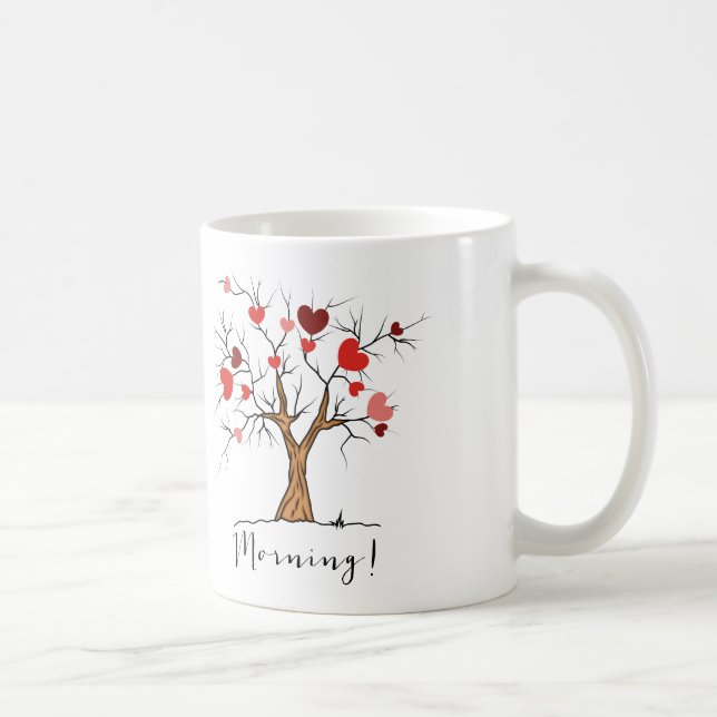 Taza De Café Corazones en un árbol Buenos días Mug (Derecha)