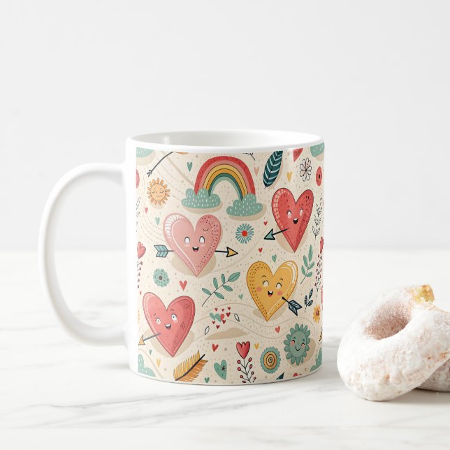 Taza De Café Corazones felices - Modelo El día de San Valentín  (Con donut)