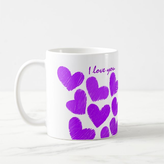 Taza De Café Corazones morados y esquemáticos "Te amo" (Izquierda)