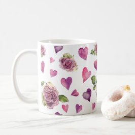 Taza De Café Corazones rojos Rosas de acuarela del Día de San V