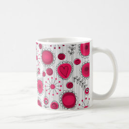 Taza De Café Corazones rojos y blancos singulares y flores