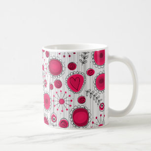 Taza De Café Corazones rojos y blancos singulares y flores