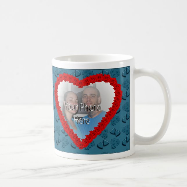 Taza De Café Corazones y Rosas Personalizable azul Foto Mug (Derecha)