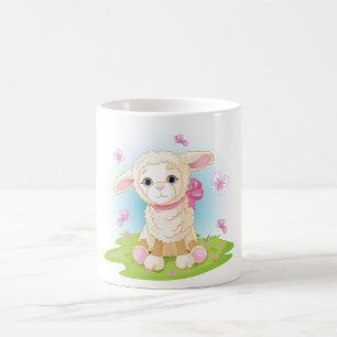 Taza De Café Corderito con lazo rosa y mariposas