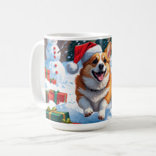 Taza De Café Corgi corriendo en la nieve con sombrero de Navida