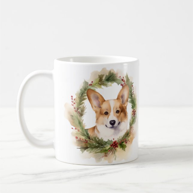 Taza De Café Corgi Navidades Wreath Festive Pup (Izquierda)