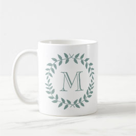 Taza De Café Corona Botánica Verde Polvo Elegante Monograma