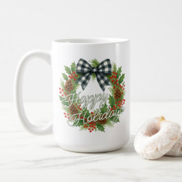 Taza De Café Corona de acebo rústica con lazo de cuadros blanco
