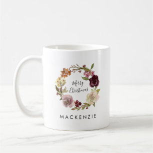Taza De Café Corona de acuarela floral de Navidad Feliz Nombre