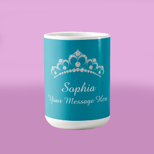 Taza De Café Corona de diamantes, Nombre, Tu mensaje, Verde azu
