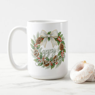 Taza De Café Corona de diciembre con lazo blanco festivo elegan