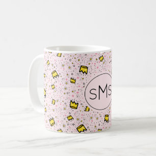 Taza De Café Corona de Doodle de Rosa Pastel Bonito Monograma
