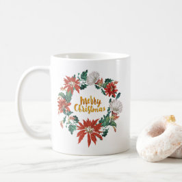Taza De Café Corona de flores de Navidad con letra Brushscript 