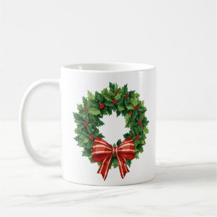 Taza De Café Corona de Navidad clásica con lazo rojo