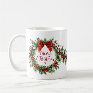 Taza De Café Corona de Navidad con lazo rojo Café Clásico
