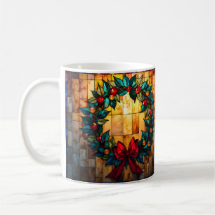 Taza De Café Corona de Navidad de Vidrio Emplomado Alegre y Bri