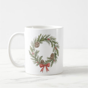 Taza De Café Corona de Navidad rústica con piñas y lazo rojo