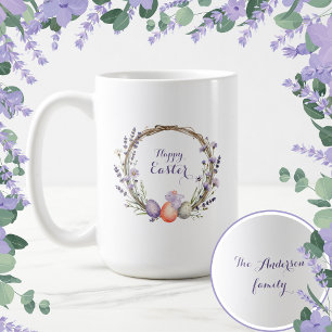 Taza De Café Corona de Pascua de Aquarela Lila Huevos Conejito