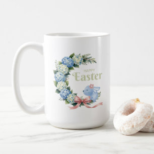Taza De Café Corona de Pascua de Hortensias con Conejito Adorab