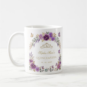 Taza De Café Corona de quinceañera de mariposa floral púrpura d