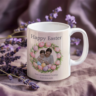 Taza De Café Corona Floral y Foto Familiar Pascua Personalizada