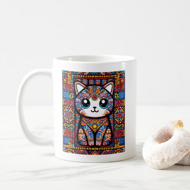 Taza De Café Cortar gato con encanto de patrón tradicional (Con donut)