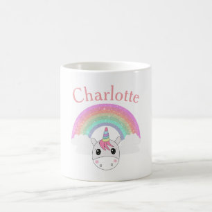 Taza De Café Cortar unicornio con arcoiris Purpurina y nombre p