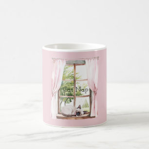 Taza De Café Cortinas Rosadas Gato Duerme Ventana