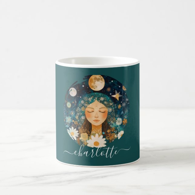 Taza De Café Cosmic Girl Boho Moon & Daisy Illustration Custom (Centro)