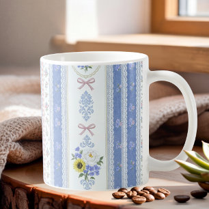 Taza De Café Cottagecore Azul Suave Rosa Floral Encaje Vintage